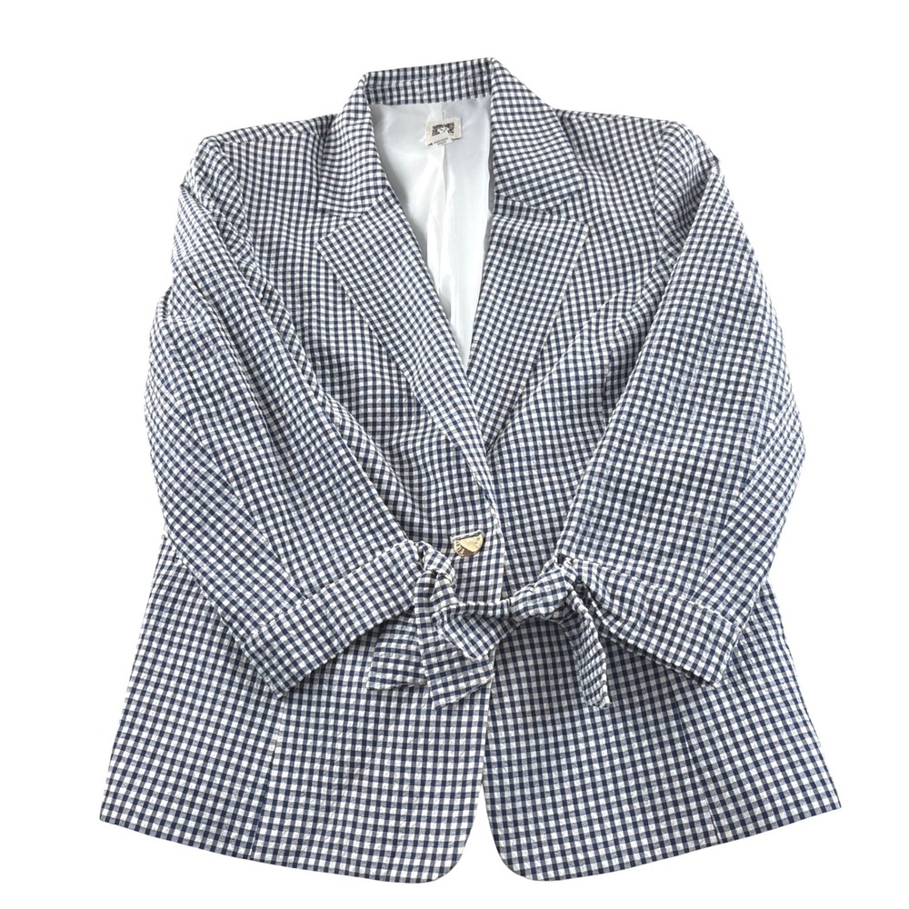 Anne Klein Navy White Gingham Checkered Tie Sleeve Blazer Jacket Womens Size M